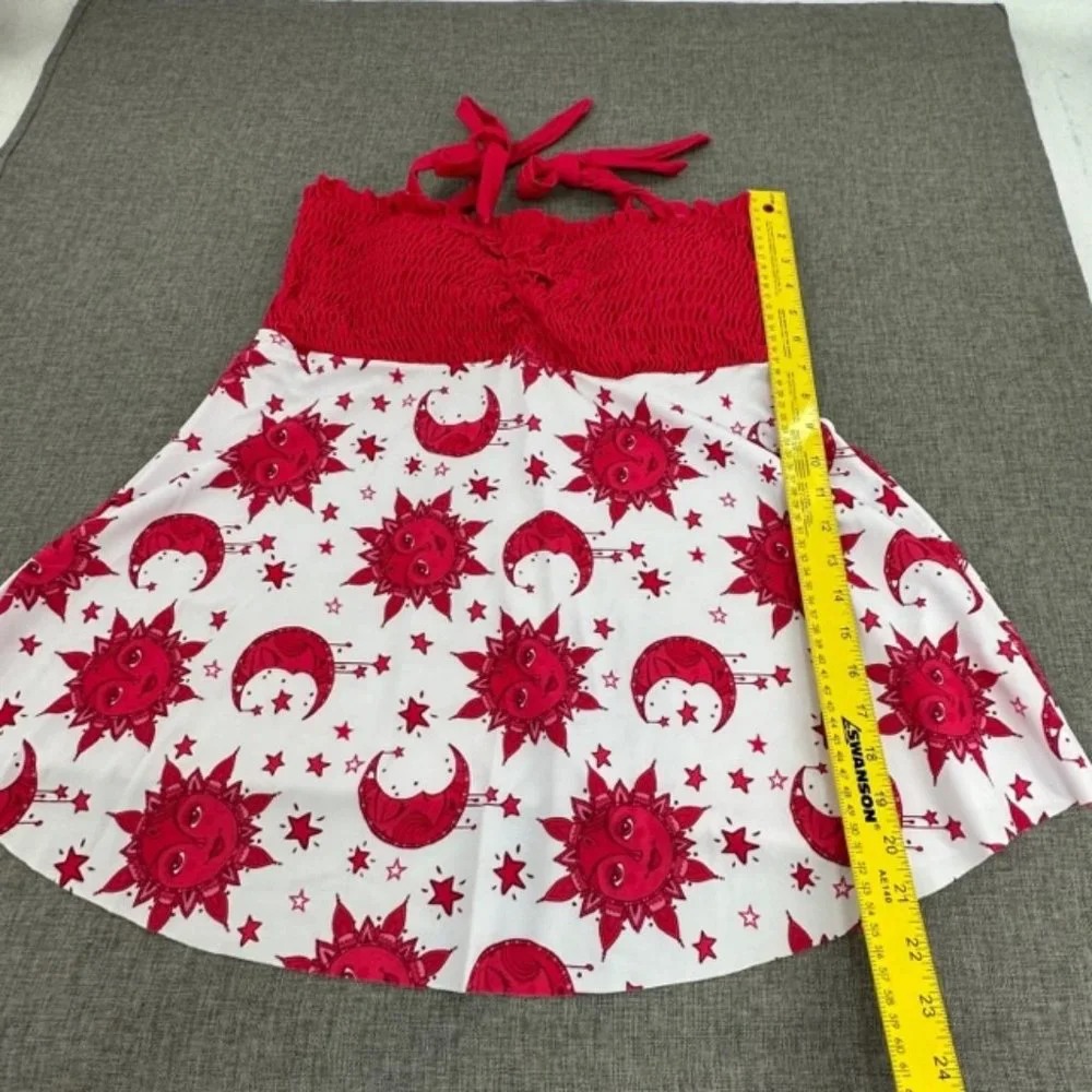 Tankini Swimsuit Dress Sun & Moon Red White Tie Straps Stretchy Removable Pads L